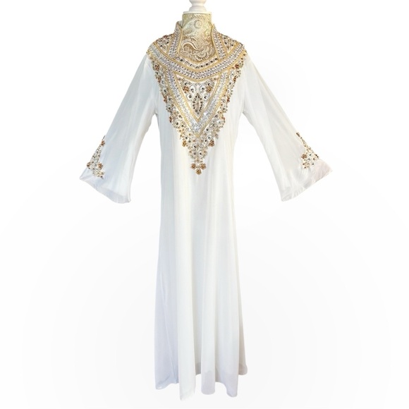 White Gold Crystal Embellished Kaftan Dress Wedding Modest Dubai Size Medium
